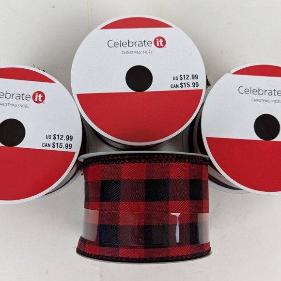 Celebrate It Other - Red Black Buffalo‎ Plaid Wired Holiday Crafting Ribbon 2 1/2 x 20 ft Lot of 4